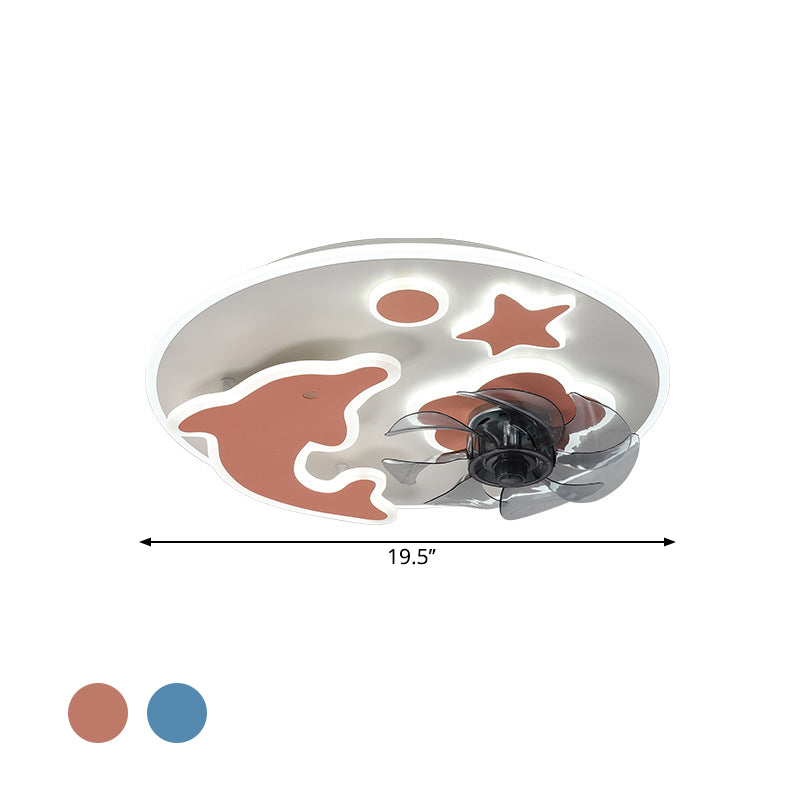 7 Blades Dolphin and Star Ceiling Fan Light Simple Metallic Pink/Blue LED Semi Flush Light Fixture, 19.5 Inch Wide Clearhalo 'Ceiling Fans with Lights' 'Ceiling Fans' 'Kids Ceiling Fans' 'Kids' Lighting' 1650452