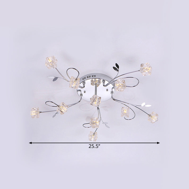 Chrome Cube Semi Flush Mount Modern 11/20-Light Hand-Cut Crystal Ceiling Lamp with Metal Leaf Deco Clearhalo 'Ceiling Lights' 'Close To Ceiling Lights' 'Close to ceiling' 'Semi-flushmount' Lighting' 1650823