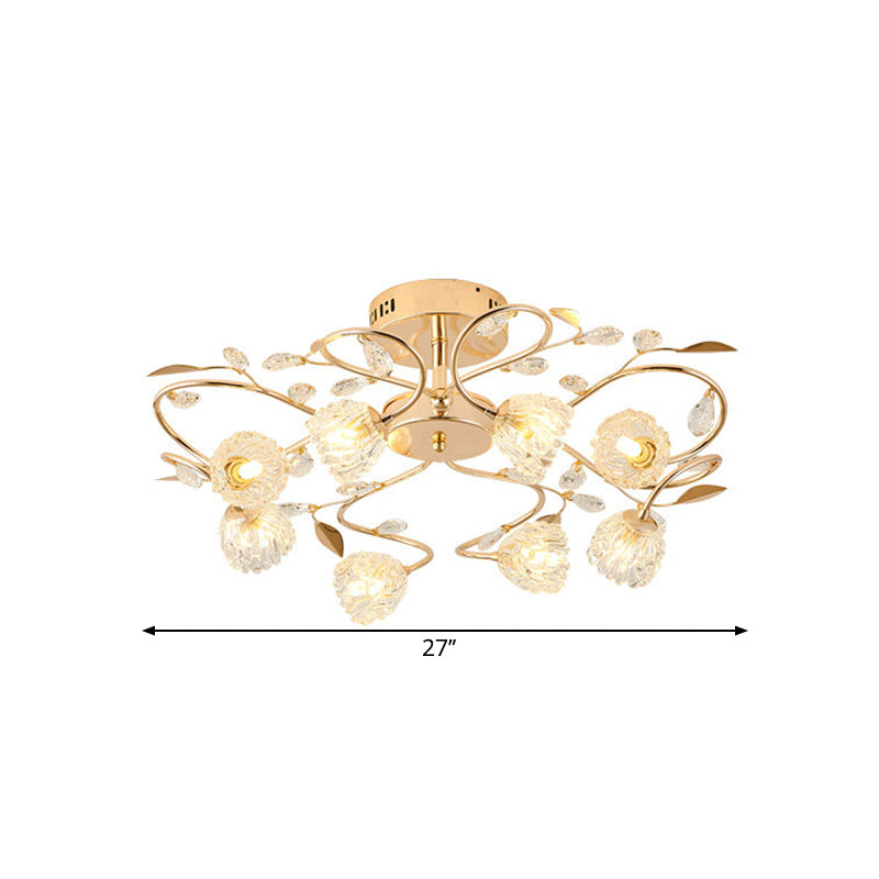 Prismatic Crystal Floral Ceiling Light Contemporary 8 Bulbs Semi Flush Mount with Metal Leaf Design in Gold Clearhalo 'Ceiling Lights' 'Close To Ceiling Lights' 'Close to ceiling' 'Semi-flushmount' Lighting' 1651324