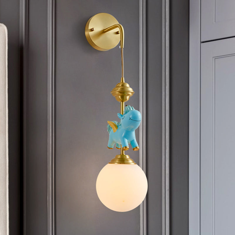 Kids Globe Wall Mount White Glass Single Head Bedroom Wall Mounted Lamp in Brass with Pink/Blue Unicorn Decor Blue Clearhalo 'Wall Lamps & Sconces' 'Wall Lights' Lighting' 1651652