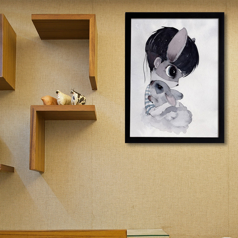 Cartoon Rabbit Painting Canvas Black Textured Wall Art Print for Childrens Bedroom Clearhalo 'Art Gallery' 'Canvas Art' 'Kids' Arts' 1652611