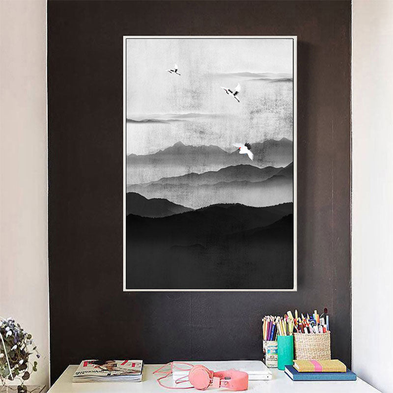 Cloudy Mountain View Canvas Art Asian Textured Wall Decor in Black for Sitting Room Black Design 1 Clearhalo 'Arts' 'Canvas Art' 1653386