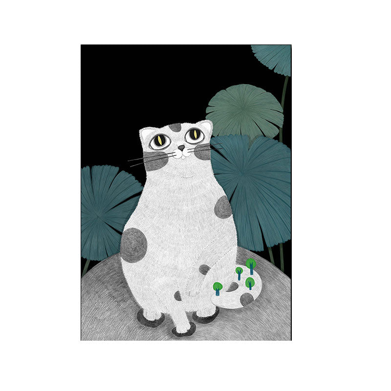 Cartoon Cat and Leave Wrapped Canvas Grey Nursery Wall Art Decor, Multiple Sizes Clearhalo 'Art Gallery' 'Canvas Art' 'Kids' Arts' 1653444