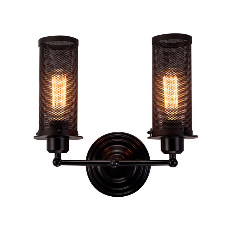 Cylinder Iron Wall Sconce Lighting with Mesh Shade Antique Style 1/2-Bulb Farmhouse Wall Mounted Lamp in Black Clearhalo 'Art deco wall lights' 'Cast Iron' 'Glass' 'Industrial wall lights' 'Industrial' 'Middle century wall lights' 'Modern' 'Rustic wall lights' 'Tiffany' 'Traditional wall lights' 'Wall Lamps & Sconces' 'Wall Lights' Lighting' 165363