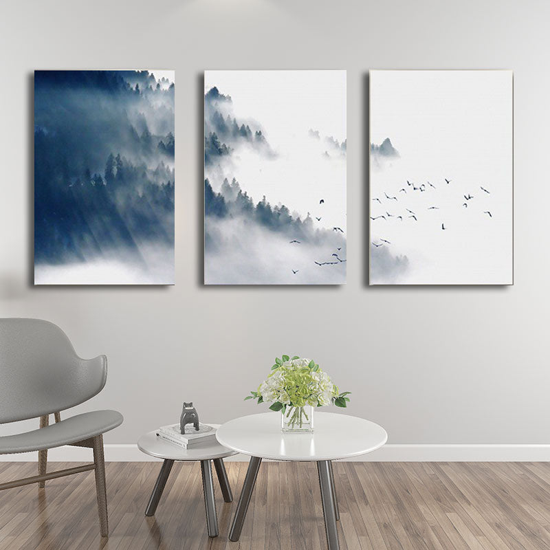 Asian Style Canvas Wall Art Black Bird Flock and Misty Forest Painting for Living Room Clearhalo 'Arts' 'Canvas Art' 1654460