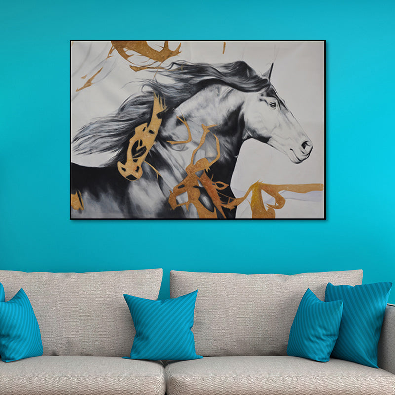 Steed Canvas Art Farmhouse Style Textured Wall Decoration in Black-Gold for Bedroom Clearhalo 'Art Gallery' 'Canvas Art' 'Country Art Gallery' 'French Country' 'Rustic' Arts' 1654891