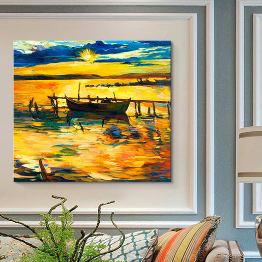 Boat and Sunset Seascape Painting Canvas Print Orange Tropix Wall Art for Family Room Clearhalo 'Art Gallery' 'Canvas Art' 'Coastal Art Gallery' 'Nautical' Arts' 1658959