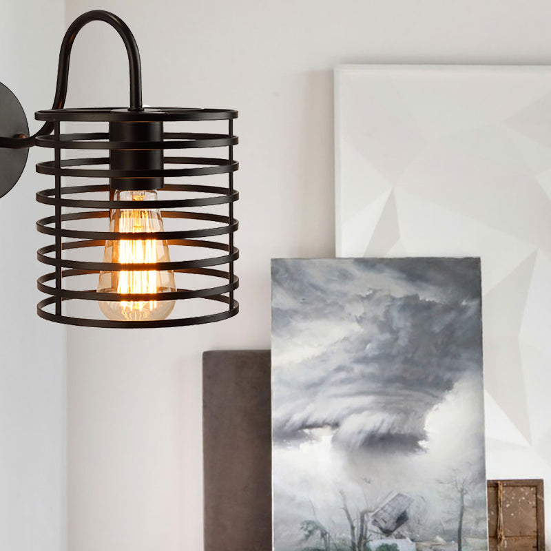 Metal Cylinder Caged Wall Lamp with Gooseneck Arm Retro 1 Head Corridor Wall Sconce Light in Black, 8.5"/9.5" Width Black 9.5" Clearhalo 'Wall Lamps & Sconces' 'Wall Lights' Lighting' 165955
