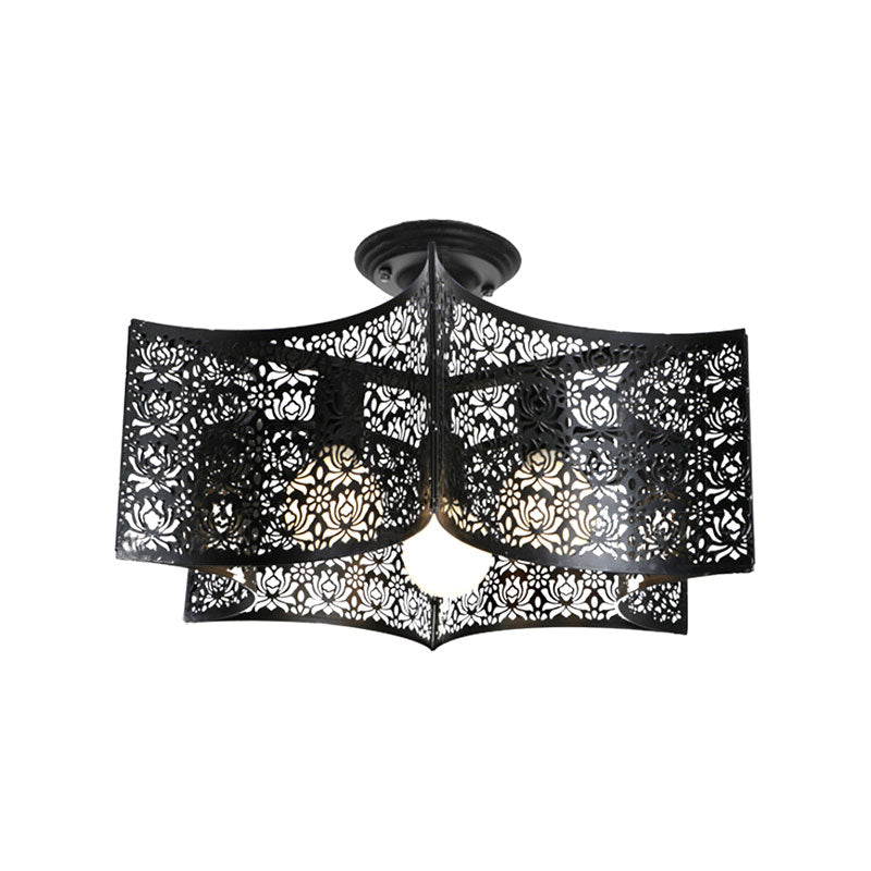 Black Drum Design Semi Flush Light with Wire Frame Vintage Retro Metallic 3 Heads Foyer Semi Flush Mount Light, 16"/16.5" W Clearhalo 'Ceiling Lights' 'Close To Ceiling Lights' 'Close to ceiling' 'Semi-flushmount' Lighting' 166115