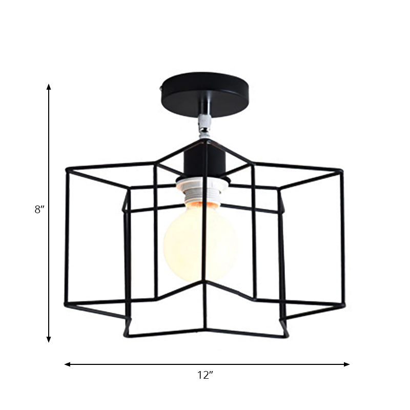 Cylinder/Drum Cage Bedroom Semi-Flush Ceiling Fixture Retro Vintage Metal 1 Head Black Rotatable Semi Flush Light Clearhalo 'Ceiling Lights' 'Close To Ceiling Lights' 'Close to ceiling' 'Semi-flushmount' Lighting' 166151