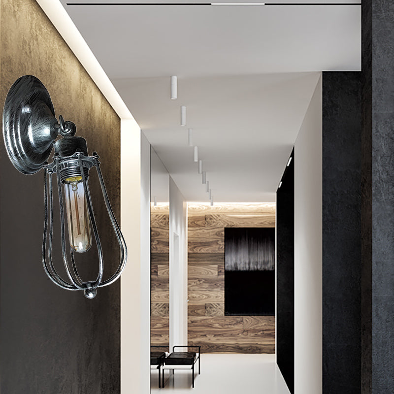 1 Head Wire Guard Wall Light Sconce with Bulb Shade Industrial Aged Brass/Antique Silver Iron Wall Lamp for Restaurant Clearhalo 'Art deco wall lights' 'Cast Iron' 'Glass' 'Industrial wall lights' 'Industrial' 'Middle century wall lights' 'Modern' 'Rustic wall lights' 'Tiffany' 'Traditional wall lights' 'Wall Lamps & Sconces' 'Wall Lights' Lighting' 166245