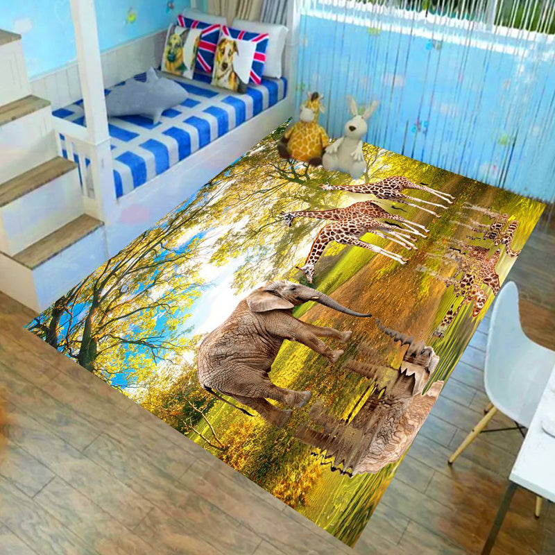Kids Child's Room Rug in Brown and Green Animal Lion Elephant Deer Print Rug Polyester Non-Slip Area Rug Dark Brown Clearhalo 'Area Rug' 'Rug' 1693977
