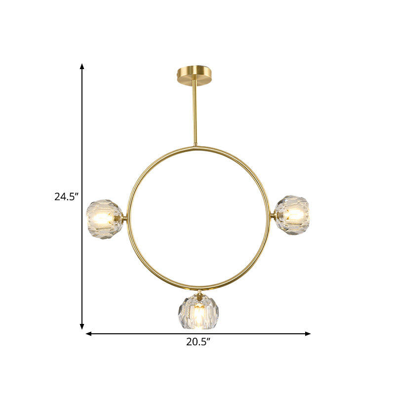 Minimal Loop Semi Flush Light Metal 3/6 Heads Corridor LED Ceiling Lighting in Gold with Ball Faceted Crystal Shade Clearhalo 'Ceiling Lights' 'Close To Ceiling Lights' 'Close to ceiling' 'Semi-flushmount' Lighting' 1694912