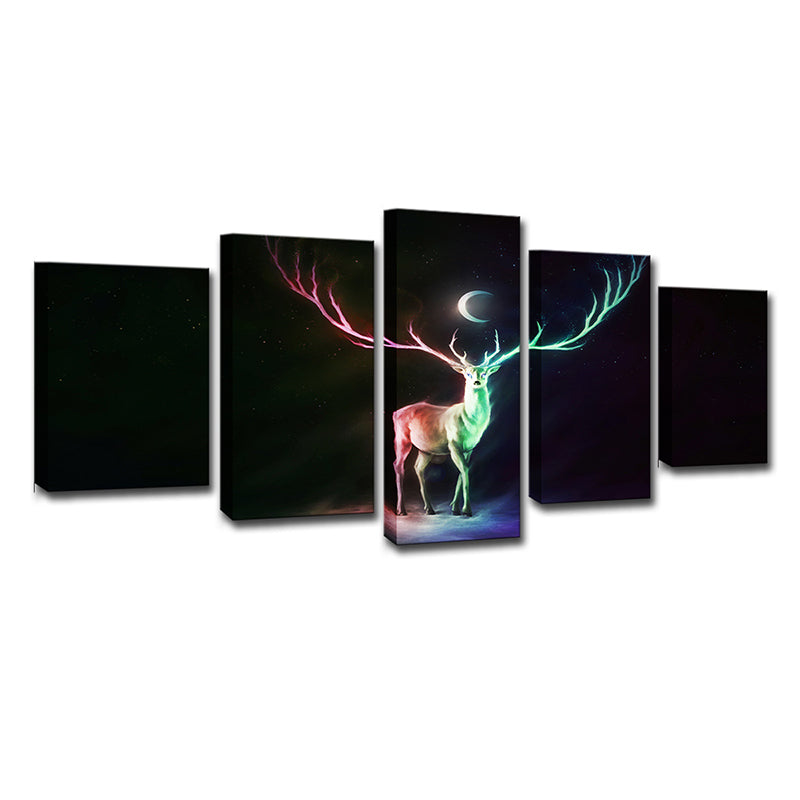 Cartoon Elk and Crescent Canvas Print Green Child Bedroom Wall Art Decor, Multi-Piece Clearhalo 'Art Gallery' 'Canvas Art' 'Kids' Arts' 1695172