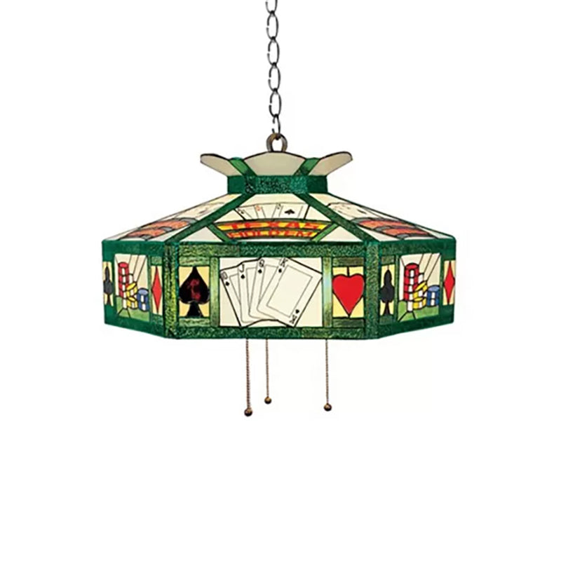 Poker Hanging Lamp Tiffany-Style 3 Bulbs White-Yellow/Green-White Handcrafted Art Resin Glass Pendant Light Fixture, 18"/19.5" Wide Clearhalo 'Ceiling Lights' 'Chandeliers' 'Industrial' 'Middle Century Chandeliers' 'Pendant Lights' 'Tiffany Chandeliers' 'Tiffany close to ceiling' 'Tiffany' Lighting' 169612