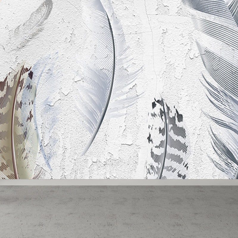 Huge Bird Feather Mural for Bedroom Animals Wall Art in Light Color, Stain Resistant White Clearhalo 'Wall Decor' 'Wall Mural' 1697172