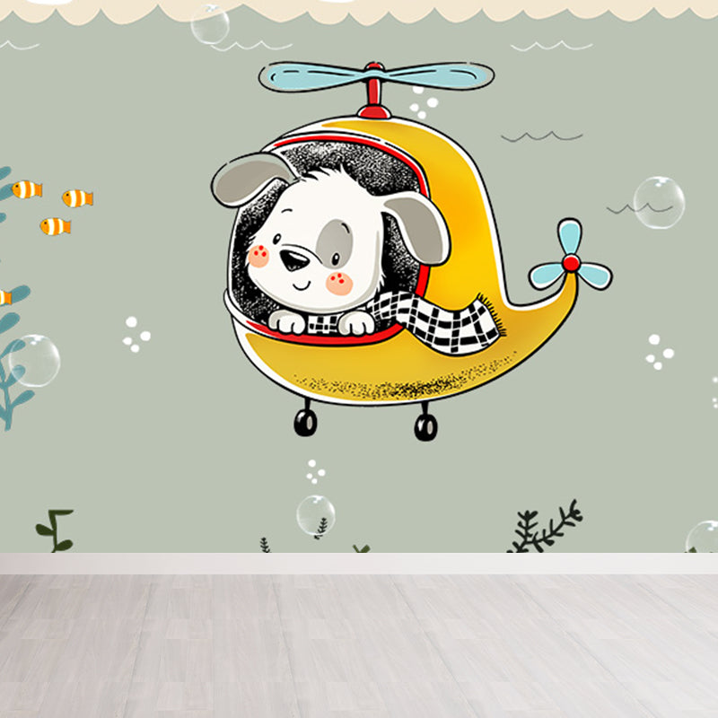 Kawaii Animal Wall Paper Mural for Children Bedroom Hand Printed Wall Art, Custom Size Yellow Clearhalo 'Wall Decor' 'Wall Mural' 1697257