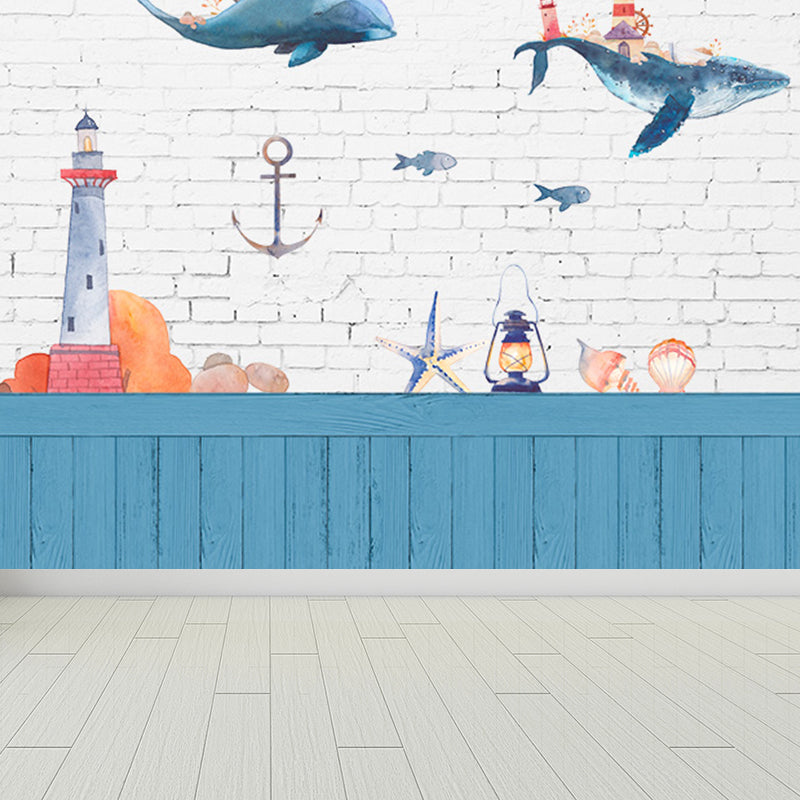 Blue Ocean Animals Wall Mural Nautical Cartoon Waterproofing Wall Art for Baby Room Blue Clearhalo 'Wall Decor' 'Wall Mural' 1698489