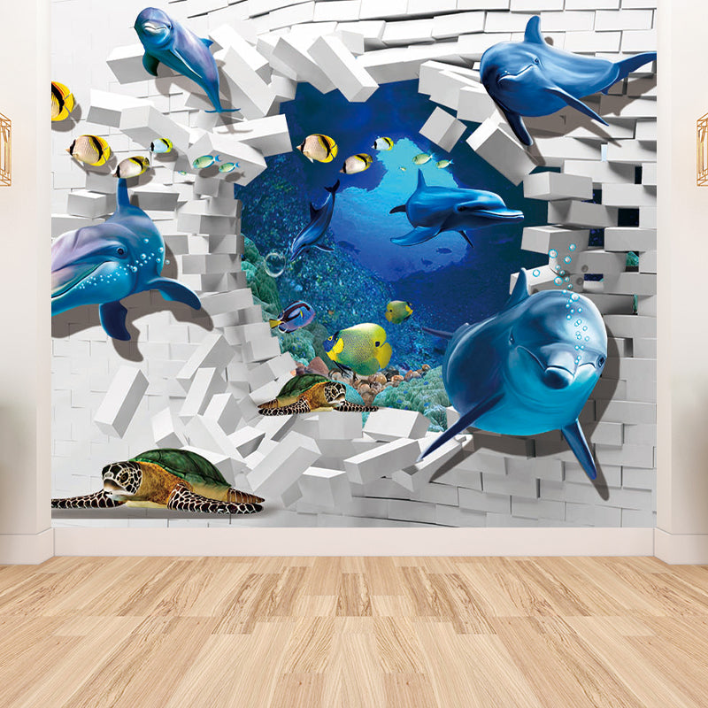 Blue Underwater Dolphins Wallpaper Mural Stain Resistant Wall Art for Kids Bedroom Blue Design 2 Clearhalo 'Wall Decor' 'Wall Mural' 1698629