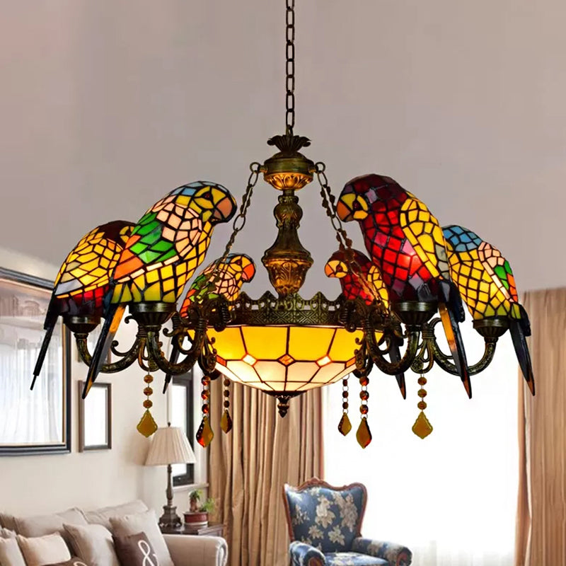 Dining Room Chandeliers Bronze, 9 Lights Tiffany Stained Glass Ceiling Light with Parrots Shade and Amber Crystal Decoration Antique Bronze Clearhalo 'Ceiling Lights' 'Chandeliers' 'Industrial' 'Middle Century Chandeliers' 'Tiffany Chandeliers' 'Tiffany close to ceiling' 'Tiffany' Lighting' 170374