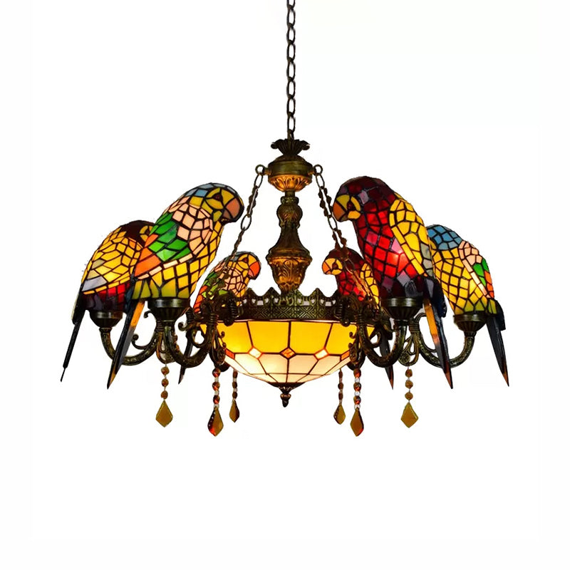 Dining Room Chandeliers Bronze, 9 Lights Tiffany Stained Glass Ceiling Light with Parrots Shade and Amber Crystal Decoration Clearhalo 'Ceiling Lights' 'Chandeliers' 'Industrial' 'Middle Century Chandeliers' 'Tiffany Chandeliers' 'Tiffany close to ceiling' 'Tiffany' Lighting' 170376
