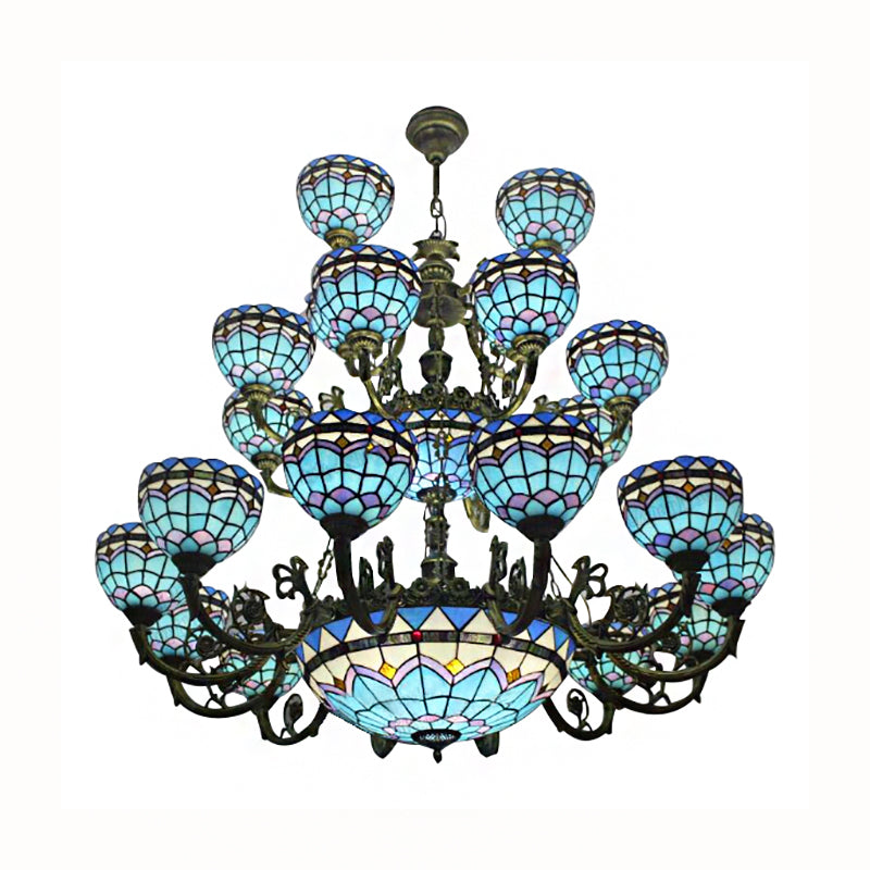 Tiffany Bowl Chandelier 3 Tiers Upward Lighting Bedroom Living Room Hanging Lighting in Bronze Finish Clearhalo 'Ceiling Lights' 'Chandeliers' 'Industrial' 'Middle Century Chandeliers' 'Tiffany Chandeliers' 'Tiffany close to ceiling' 'Tiffany' Lighting' 170388