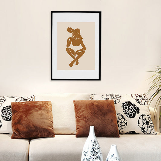 Woman with Floppy Hat Canvas Minimalist Stylish Fashion Drawing Wall Art in Brown Clearhalo 'Art Gallery' 'Canvas Art' 'Contemporary Art Gallery' 'Contemporary Art' 'Minimalism' 'Minimalist Art Gallery' 'Scandinavian' Arts' 1705585