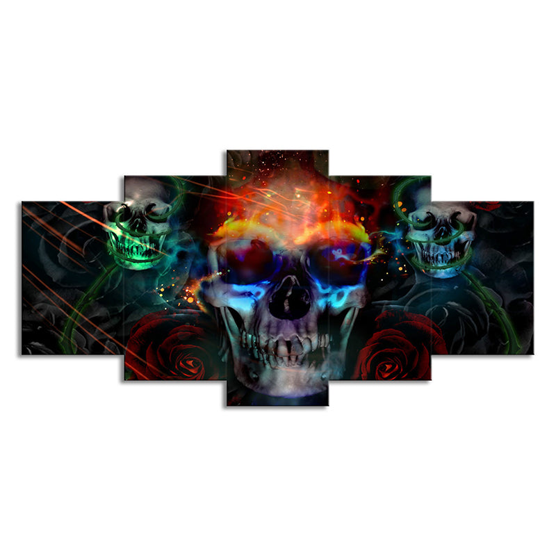 Multicolored Skull Skeleton Wall Art Multi-Piece Kids Style Bedroom Canvas Print on Black Clearhalo 'Art Gallery' 'Canvas Art' 'Kids' Arts' 1706462