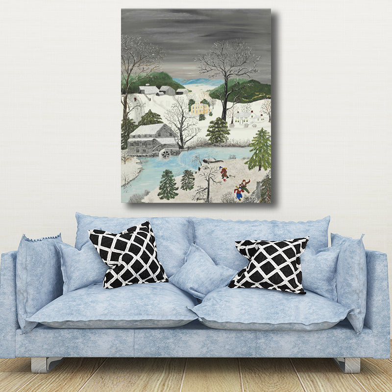 Children in the Snow Painting White Vintage Wall Art Decor for Bedroom (Multiple Size Options) Clearhalo 'Art Gallery' 'Canvas Art' 'Country Art Gallery' 'French Country' 'Rustic' Arts' 1706482