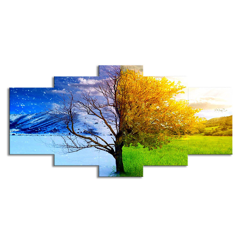 Modernist Wall Art Decor Blue-Yellow Winter and Fall Tree Canvas Print for Living Room Clearhalo 'Art Gallery' 'Canvas Art' 'Contemporary Art Gallery' 'Modern' Arts' 1706791