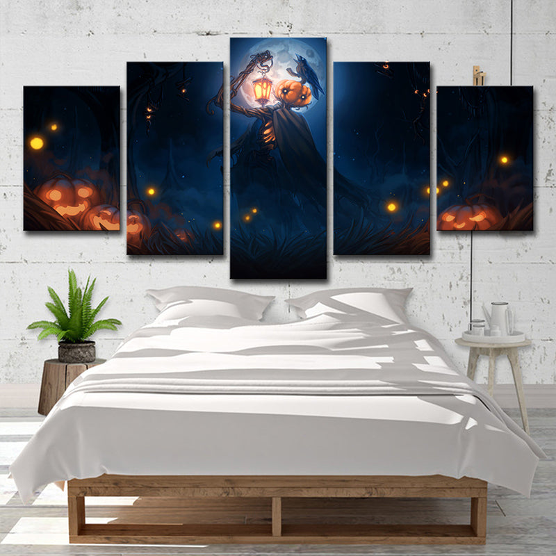 Halloween Pumpkin Canvas Print Kids Scary Moon Night Scene Wall Art in Dark Blue Clearhalo 'Art Gallery' 'Canvas Art' 'Kids' Arts' 1708406