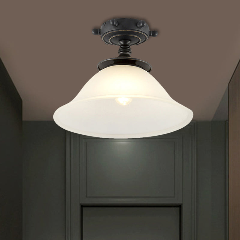 Bell Semi Flush Mount Mediterranean Opaline Glass 1 Light Black Close to Ceiling Lighting Clearhalo 'Ceiling Lights' 'Close To Ceiling Lights' 'Close to ceiling' 'Semi-flushmount' Lighting' 1709869