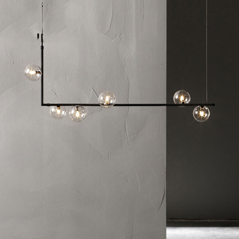 Clear Glass Globe Island Pendant Modernist 6 Bulbs Hanging Lamp Kit in Black with Right Angled Frame, Warm/White Light Clearhalo 'Ceiling Lights' 'Chandeliers' 'Glass shade' 'Glass' 'Island Lights' Lighting' 1710331