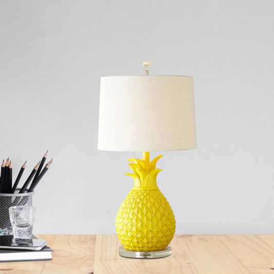 Resin Pineapple Night Lighting Cartoon 1 Bulb White/Yellow Table Lamp with Drum Fabric Shade Clearhalo 'Lamps' 'Table Lamps' Lighting' 1710815
