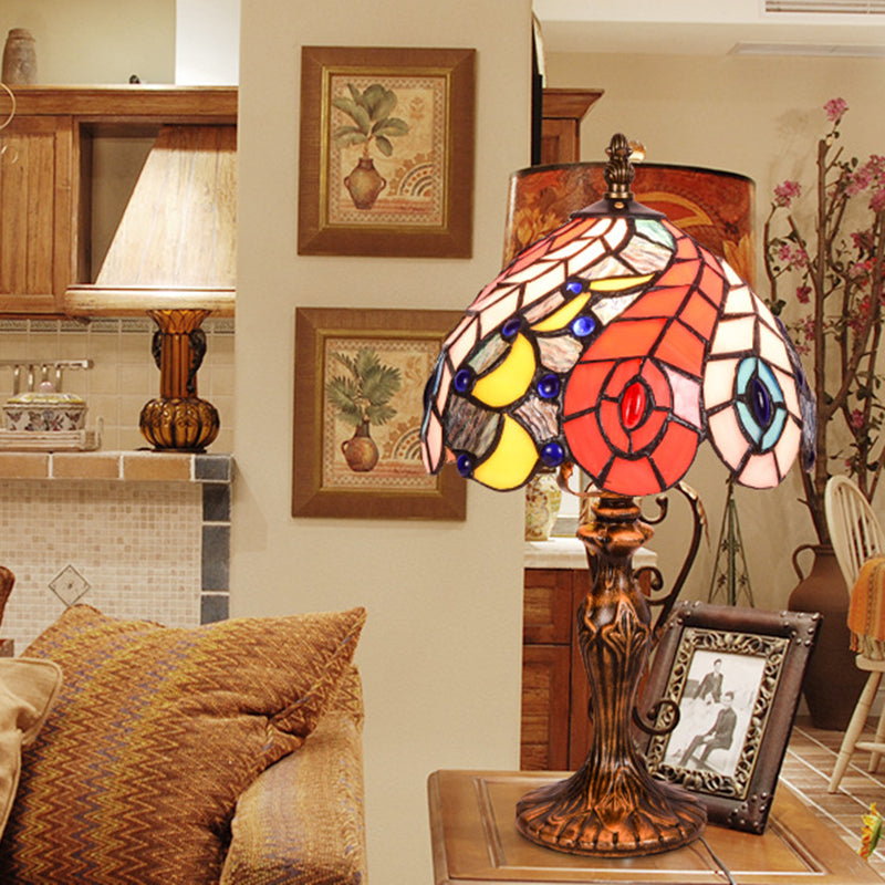 2-Light Bedroom Table Lamp Baroque Brass Peacock Tail Patterned Night Light with Bowl Stained Glass Shade Clearhalo 'Lamps' 'Table Lamps' Lighting' 1710847