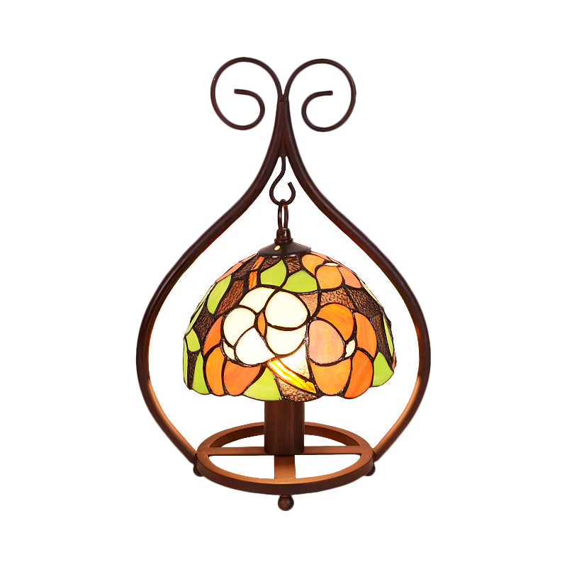 Baroque Bowl Night Lamp 1-Head Hand Cut Glass Nightstand Light with Brown Scrolled Arm Clearhalo 'Lamps' 'Table Lamps' Lighting' 1710860