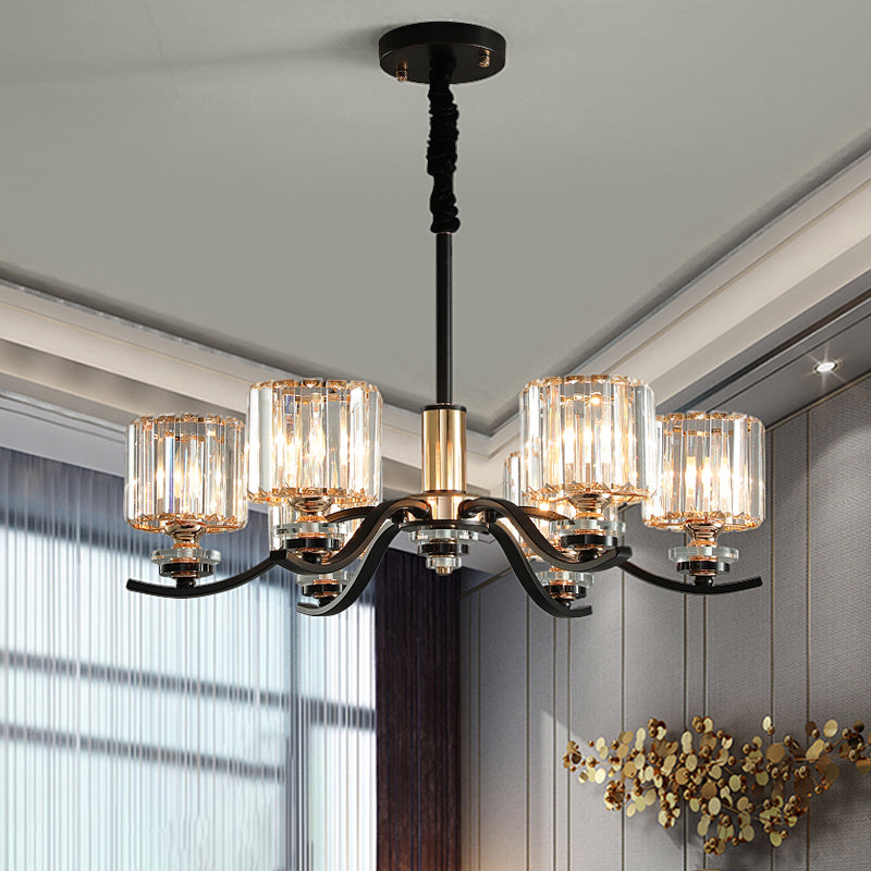 Simple Cylinder Hanging Ceiling Light Crystal Prisms 6-Bulb Bedroom Chandelier Lamp in Black Clearhalo 'Ceiling Lights' 'Chandeliers' 'Modern Chandeliers' 'Modern' Lighting' 1711325