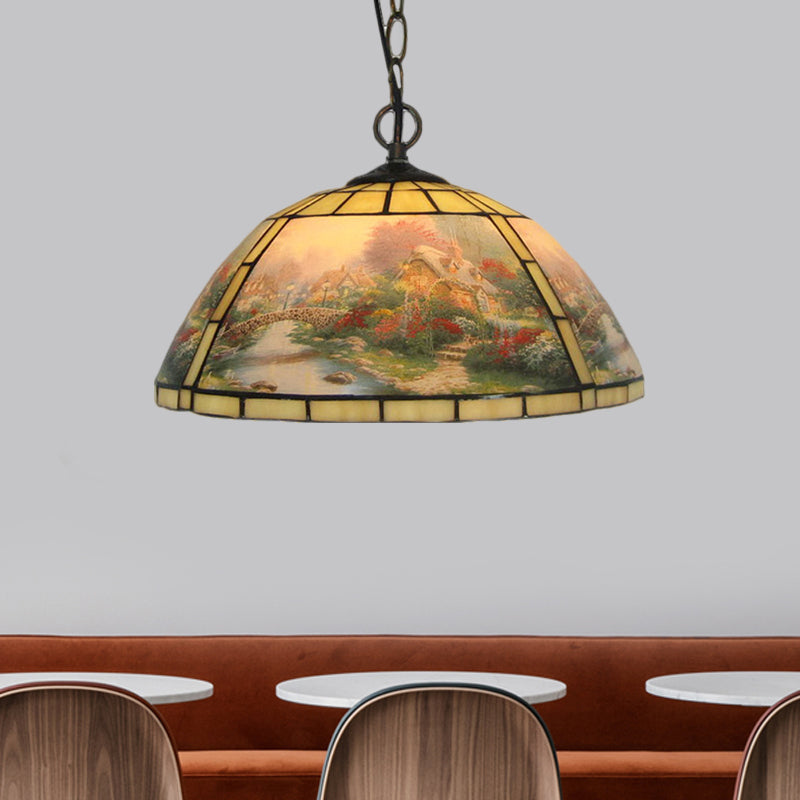 Cut Glass Domed Hanging Light Kit Victorian 1 Bulb Yellow/Blue Pendant Lamp with Eagle Pattern for Dining Room Clearhalo 'Art Deco Pendants' 'Cast Iron' 'Ceiling Lights' 'Ceramic' 'Crystal' 'Industrial' 'Metal' 'Middle Century Pendants' 'Pendant Lights' 'Pendants' 'Tiffany close to ceiling' 'Tiffany Pendants' 'Tiffany' Lighting' 1711442