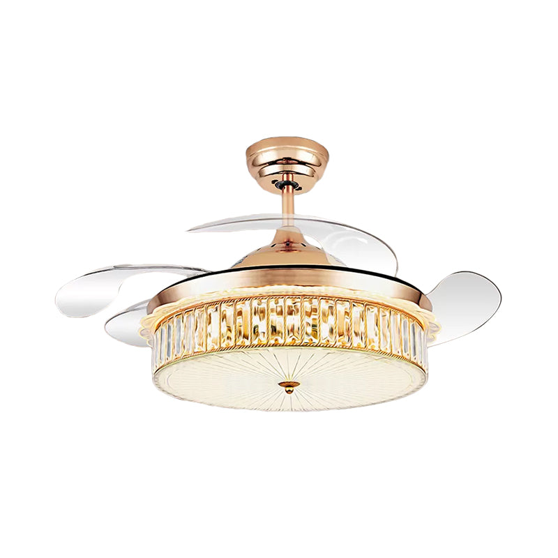 Drum Pendant Fan Lamp Fixture Minimalist Crystal Rectangle Silver/Gold 19" Width LED Semi Flush with 4-Blade Clearhalo 'Ceiling Fans with Lights' 'Ceiling Fans' 'Modern Ceiling Fans' 'Modern' Lighting' 1711675