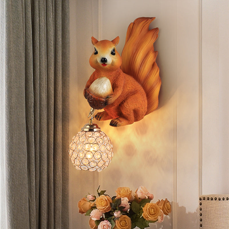 Cottage Global Sconce Light 1-Bulb Beveled Clear Crystal Wall Lighting Idea with Squirrel Decor in Gold/Orange/Gold and Brown Orange Clearhalo 'Wall Lamps & Sconces' 'Wall Lights' Lighting' 1712984