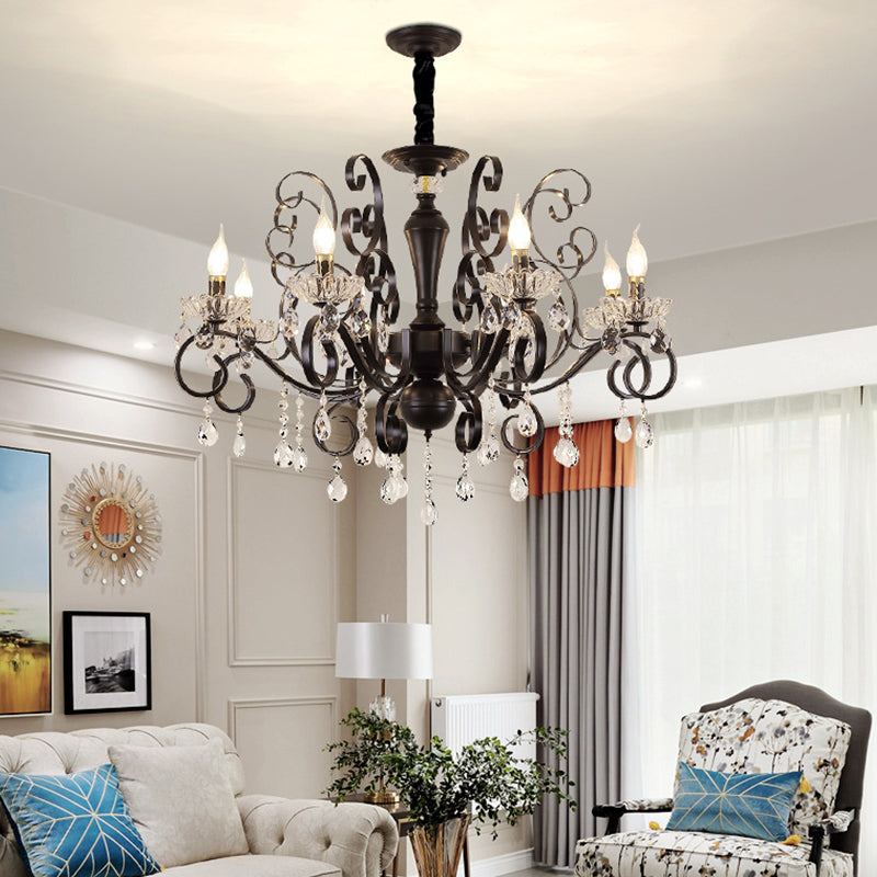 Metallic Candle Hanging Lamp Kit Minimalism 6/8 Bulbs Black Chandelier with Crystal Strands and Curvy Arm Clearhalo 'Ceiling Lights' 'Chandeliers' 'Modern Chandeliers' 'Modern' Lighting' 1713398