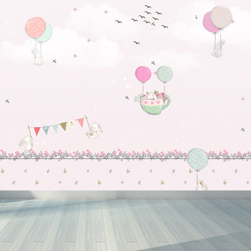 Non-Woven Large Pastel Mural Cartoon Rabbit and Hot Air Balloon Wall Decor, Custom Size Light Pink Clearhalo 'Wall Decor' 'Wall Mural' 1713794