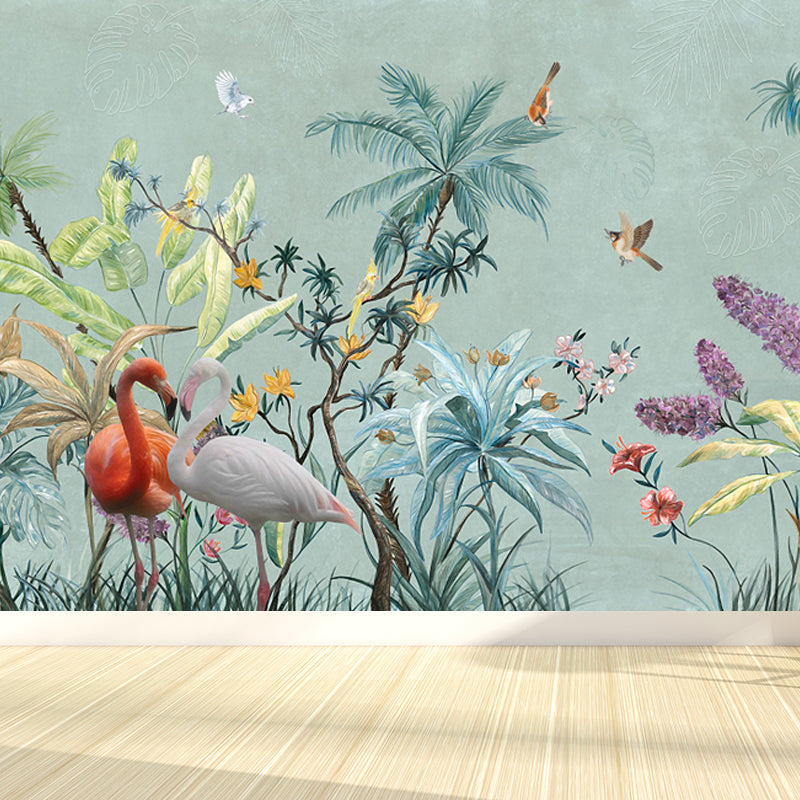 Pastel Color Flamingos Wall Mural Moisture-Proofing Tropical Bathroom Wall Covering Lake Blue Clearhalo 'Wall Decor' 'Wall Mural' 1714359