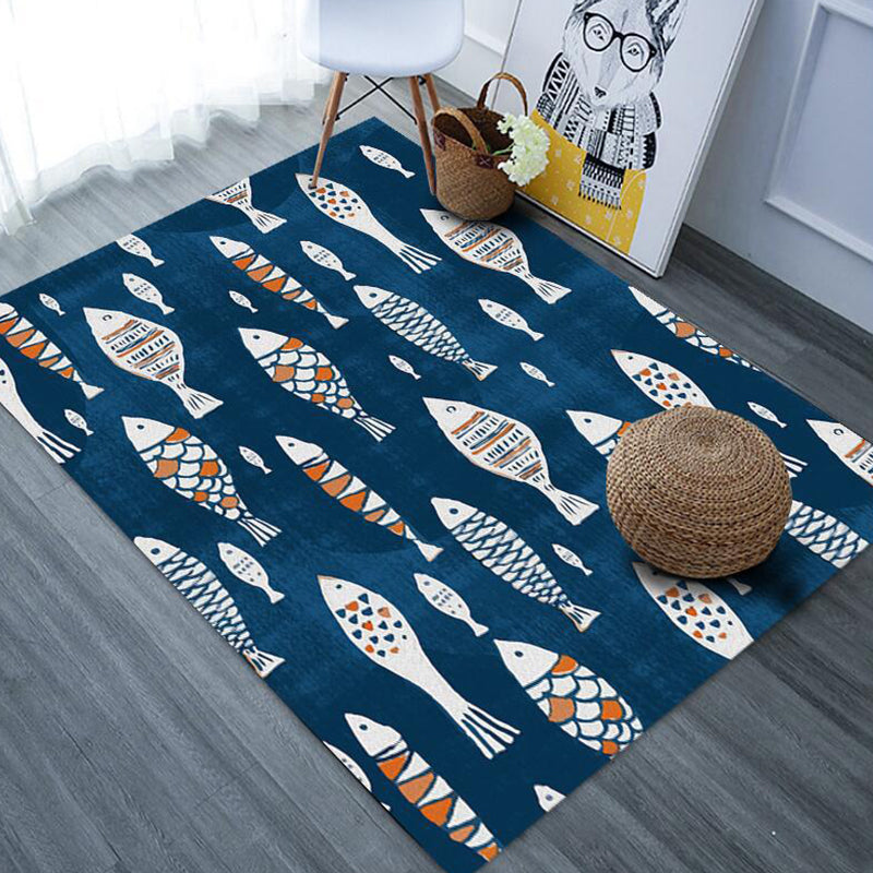 Cute Cartoon Animal Pattern Rug with Fish Multicolor Kids Rug Polyester Washable Pet Friendly Anti-Slip Carpet for Children's Room Dark Blue Clearhalo 'Area Rug' 'Rug' 1717479