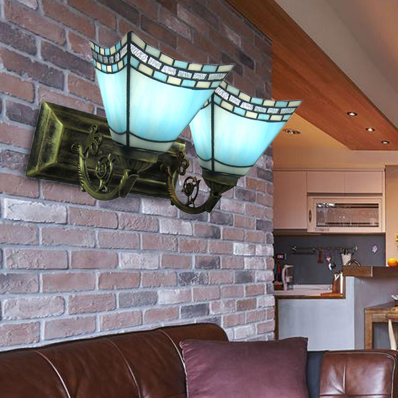 Nautical Pyramid Wall Lighting Stained Glass 2 Lights Vanity Light in Light/Dark Blue for Bathroom Clearhalo 'Industrial' 'Middle century wall lights' 'Tiffany wall lights' 'Tiffany' 'Wall Lamps & Sconces' 'Wall Lights' Lighting' 172258