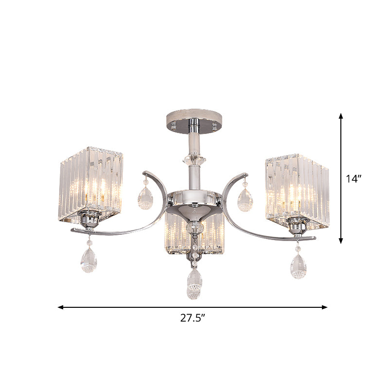 Crystal Prisms Cuboid Ceiling Light Simple 3 Heads Chrome Semi Flush Chandelier with Drop Deco Clearhalo 'Ceiling Lights' 'Close To Ceiling Lights' 'Close to ceiling' 'Semi-flushmount' Lighting' 1723546