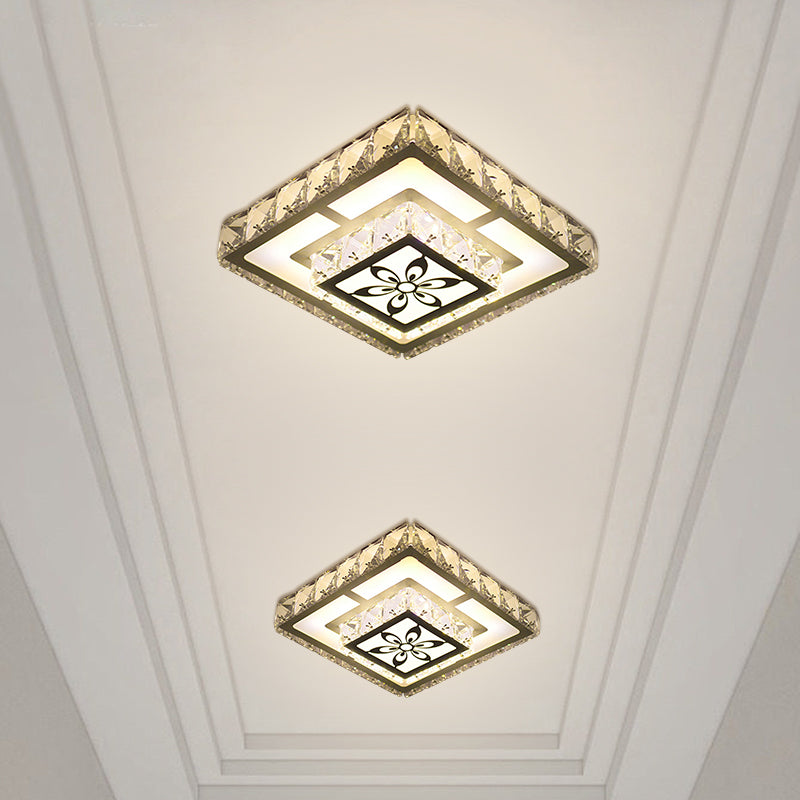 Modernist Round/Square Flush Light Beveled Crystal LED Corridor Ceiling Fixture in White with Flower Pattern, Warm/White Light Clearhalo 'Ceiling Lights' 'Close To Ceiling Lights' 'Close to ceiling' 'Flush mount' Lighting' 1723819