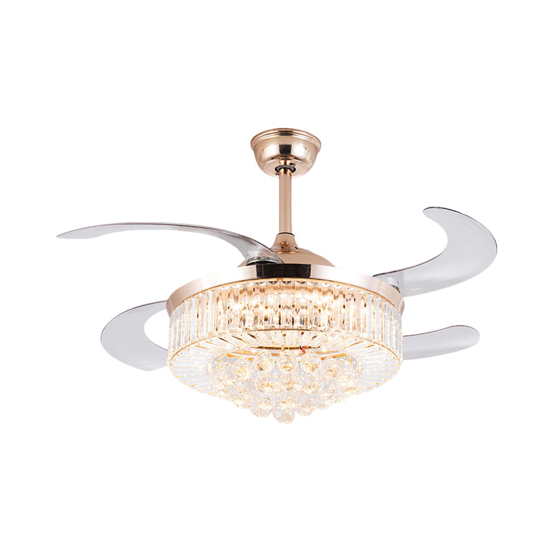 Drum Clear Crystal Semi Flush Mount Minimalist 19" Width LED Gold Pendant Fan Light with 4 Blades Clearhalo 'Ceiling Fans with Lights' 'Ceiling Fans' 'Modern Ceiling Fans' 'Modern' Lighting' 1725016