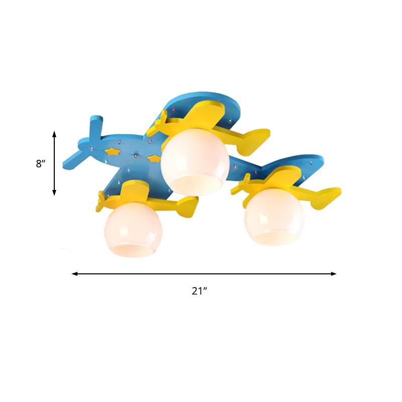 Kids Airplane Ceiling Mount Light with 3 Globe Shade Wood Ceiling Fixture in Blue for Boys Bedroom Clearhalo 'Ceiling Lights' 'Close To Ceiling Lights' 'Close to ceiling' 'Flush mount' Lighting' 173379
