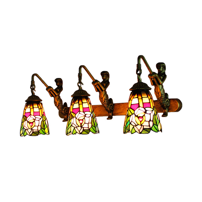 Flared Wall Mounted Light Tiffany Stained Glass 3 Heads Brass Sconce Light Fixture with Peacock Tail/Flower Pattern Clearhalo 'Industrial' 'Middle century wall lights' 'Tiffany wall lights' 'Tiffany' 'Wall Lamps & Sconces' 'Wall Lights' Lighting' 173906